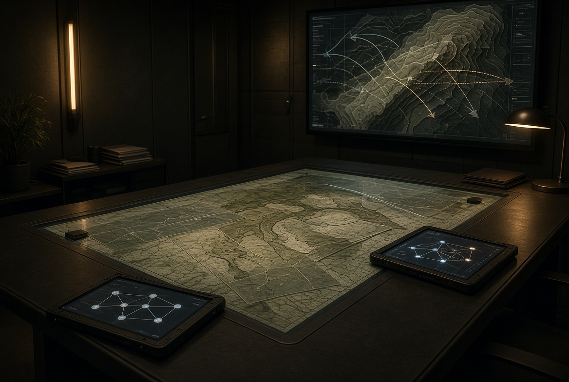 Planning table with terrain map and network tablets